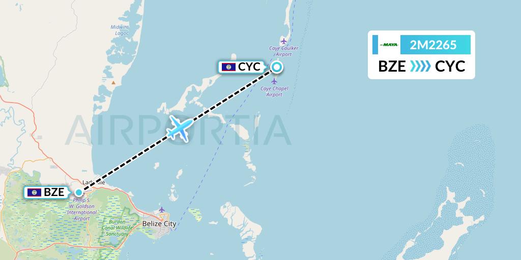 2M2265 Maya Island Air Flight Map: Belize City to Caye Chapel