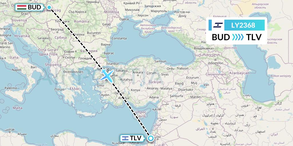 LY2368 El Al Flight Map: Budapest to Tel Aviv