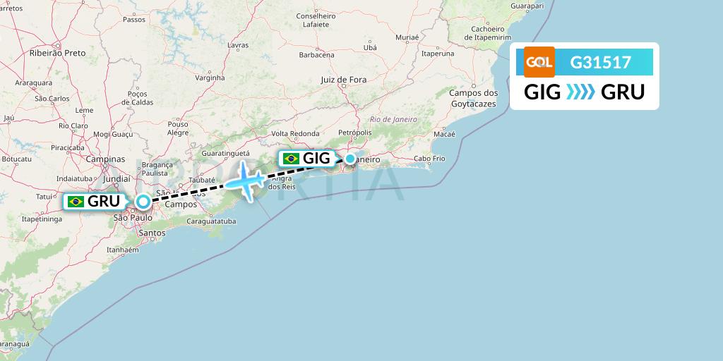 G31517 GOL Transportes Aeros Flight Map: Rio de Janeiro to Sao Paulo