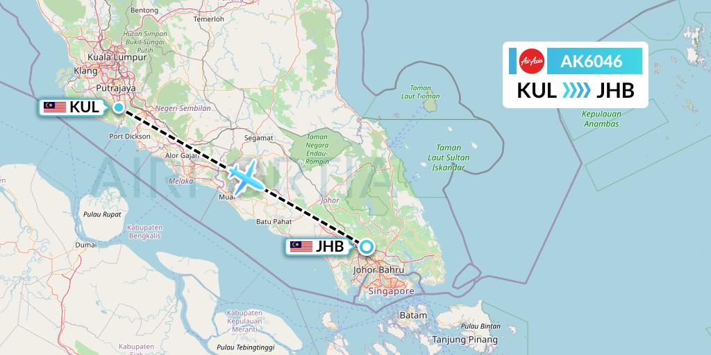 AK6046 AirAsia Flight Map: Kuala Lumpur to Johor Bahru