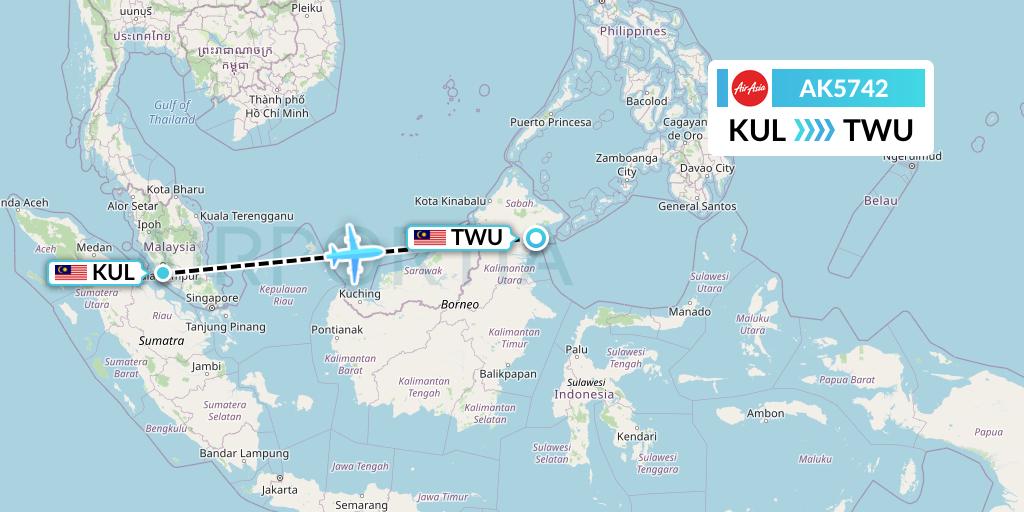 AK5742 AirAsia Flight Map: Kuala Lumpur to Tawau