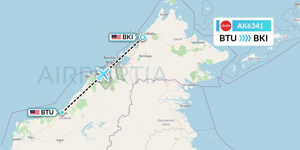 AK6341 AirAsia Flight Map: Bintulu to Kota Kinabalu