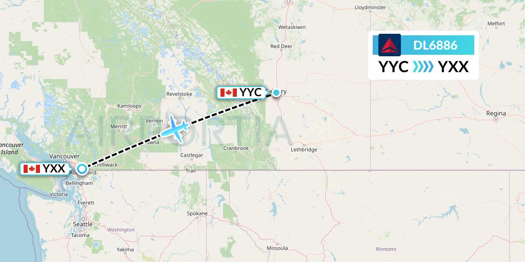 DL6886 Delta Air Lines Flight Map: Calgary to Abbotsford