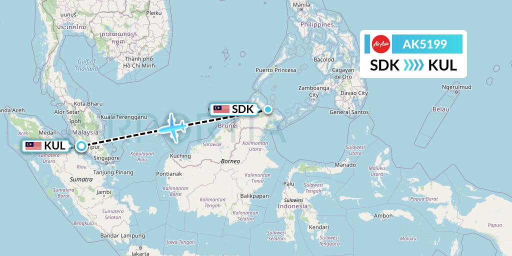 AK5199 AirAsia Flight Map: Sandakan to Kuala Lumpur