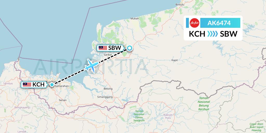 AK6474 AirAsia Flight Map: Kuching to Sibu