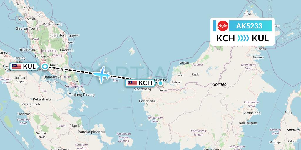 AK5233 AirAsia Flight Map: Kuching to Kuala Lumpur