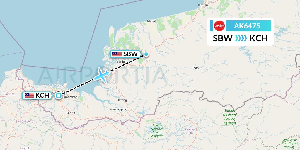 AK6475 AirAsia Flight Map: Sibu to Kuching