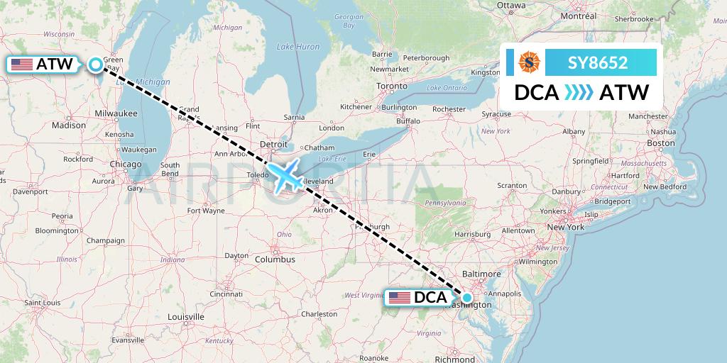SY8652 Sun Country Airlines Flight Map: Washington to Appleton