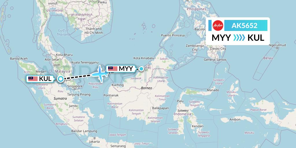 AK5652 AirAsia Flight Map: Miri to Kuala Lumpur