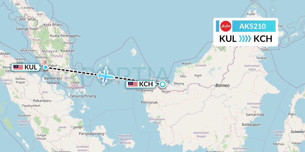 AK5210 AirAsia Flight Map: Kuala Lumpur to Kuching