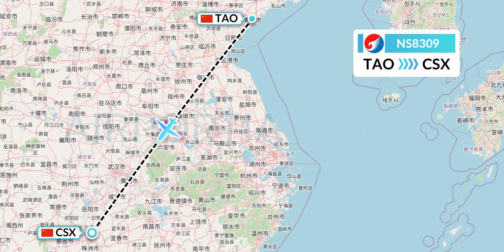 NS8309 Hebei Airlines Flight Map: Qingdao to Changsha