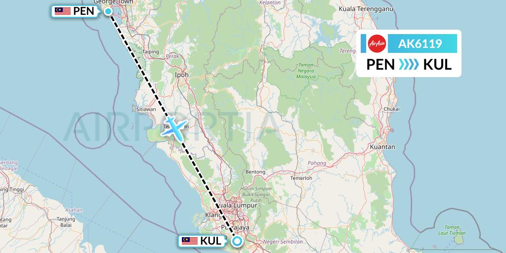 AK6119 AirAsia Flight Map: Penang to Kuala Lumpur