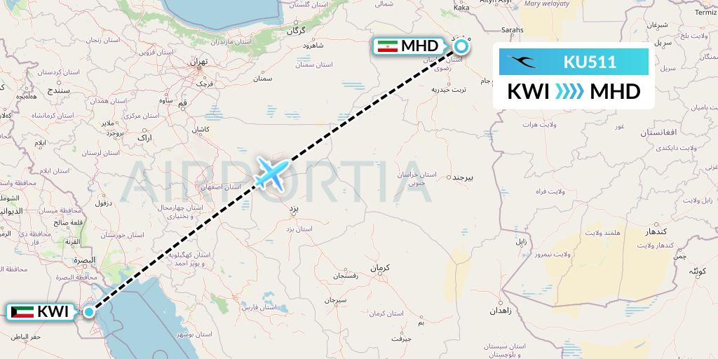 KU511 Kuwait Airways Flight Map: Kuwait City to Mashhad