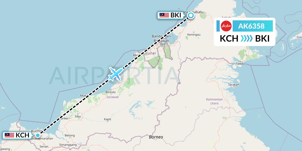 AK6358 AirAsia Flight Map: Kuching to Kota Kinabalu