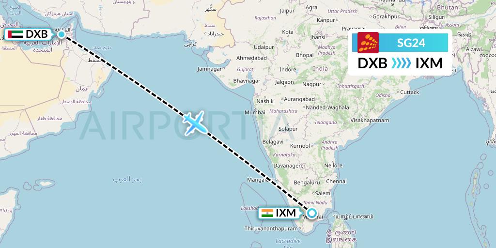 SG24 SpiceJet Flight Map: Dubai to Madurai