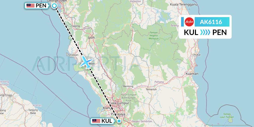 AK6116 AirAsia Flight Map: Kuala Lumpur to Penang
