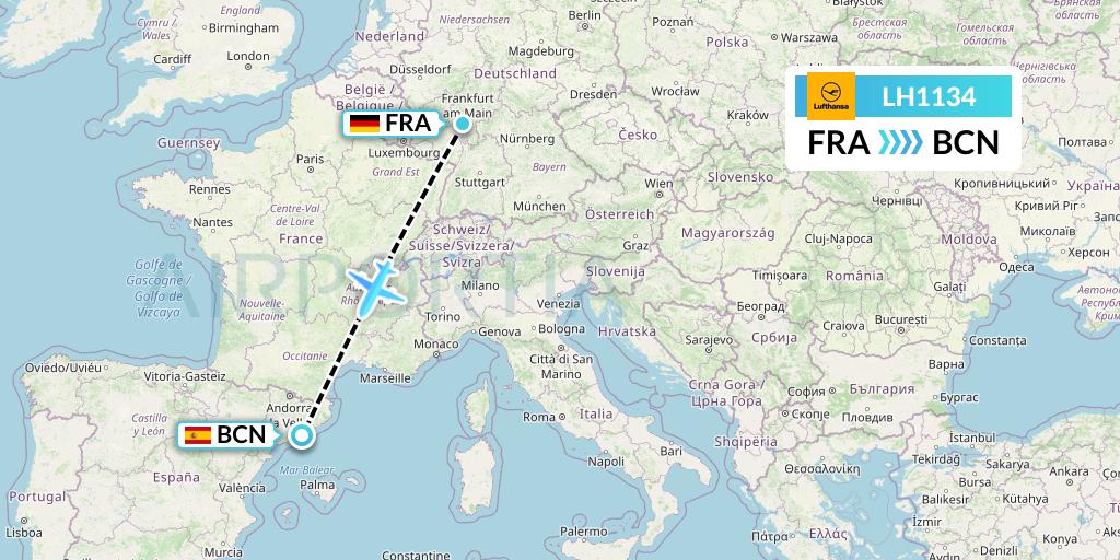 LH1134 Lufthansa Flight Map: Frankfurt to Barcelona