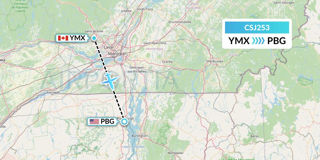 CSJ253 Castle Aviation Flight Map: Montreal to Plattsburgh