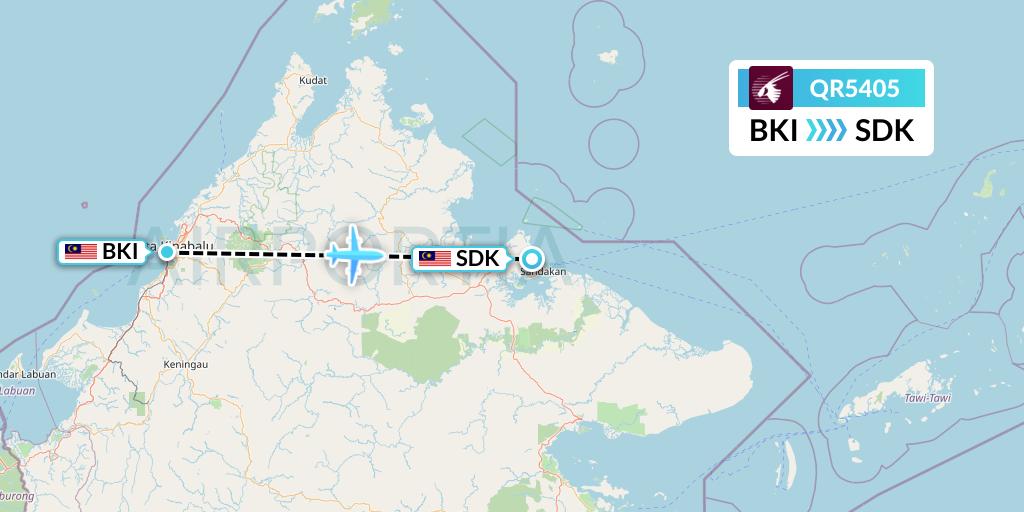 QR5405 Qatar Airways Flight Map: Kota Kinabalu to Sandakan