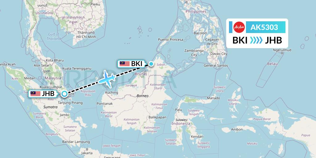 AK5303 AirAsia Flight Map: Kota Kinabalu to Johor Bahru