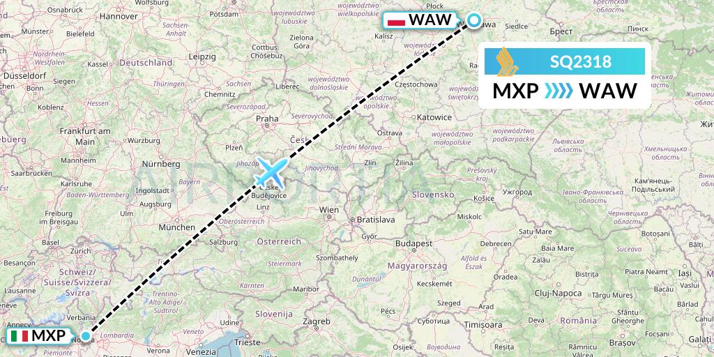 SQ2318 Singapore Airlines Flight Map: Milan to Warsaw
