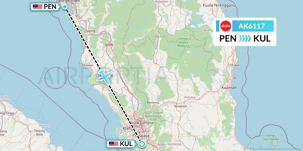AK6117 AirAsia Flight Map: Penang to Kuala Lumpur