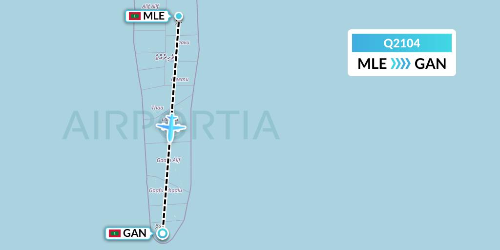 Q2104 Maldivian Flight Map: Male to Gan Island