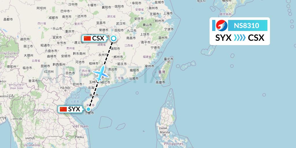 NS8310 Hebei Airlines Flight Map: Sanya to Changsha