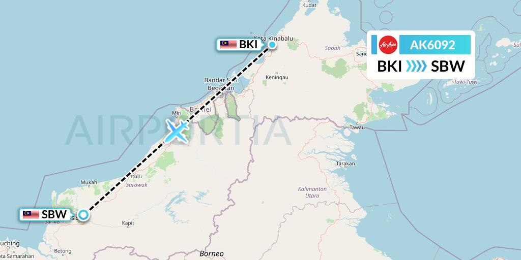 AK6092 AirAsia Flight Map: Kota Kinabalu to Sibu