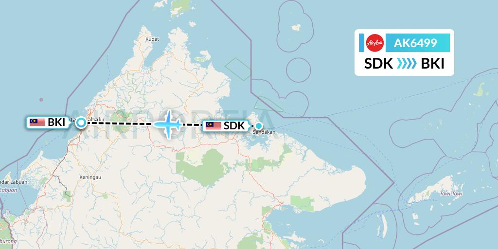 AK6499 AirAsia Flight Map: Sandakan to Kota Kinabalu