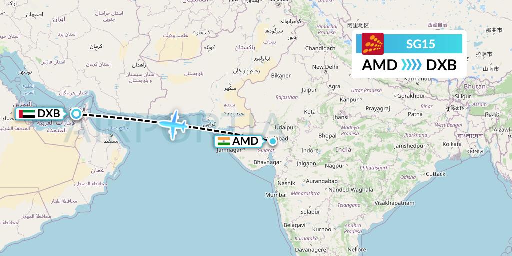 SG15 SpiceJet Flight Map: Ahmedabad to Dubai