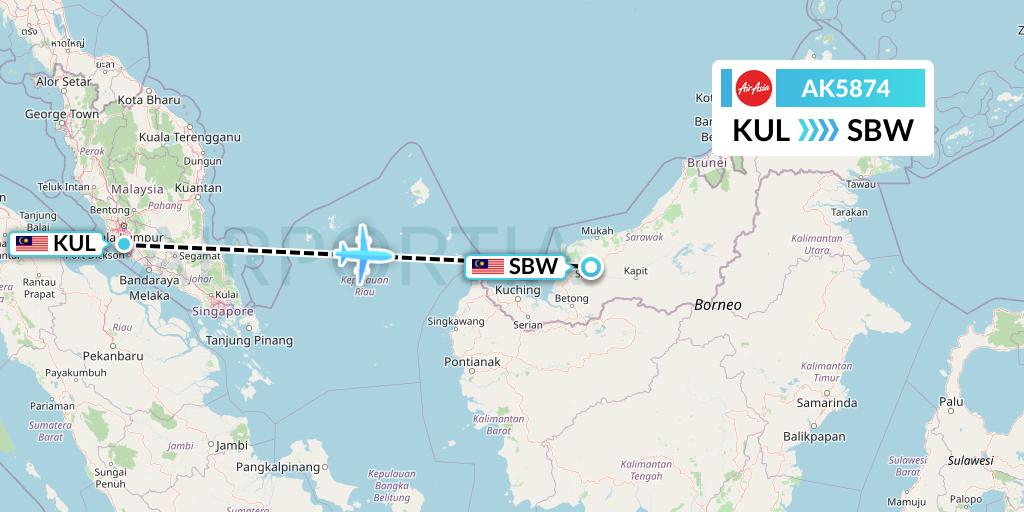 AK5874 AirAsia Flight Map: Kuala Lumpur to Sibu