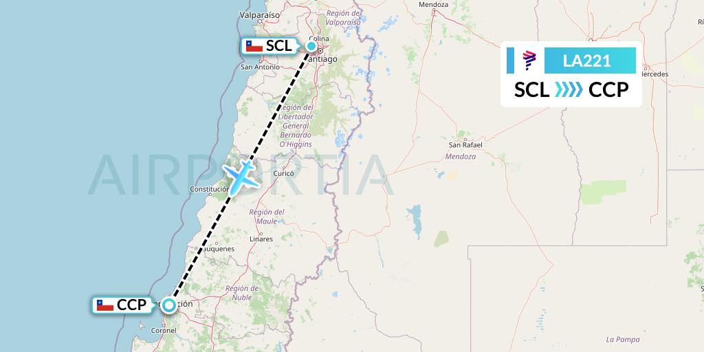 LA221 LAN Airlines Flight Map: Santiago to Concepcion
