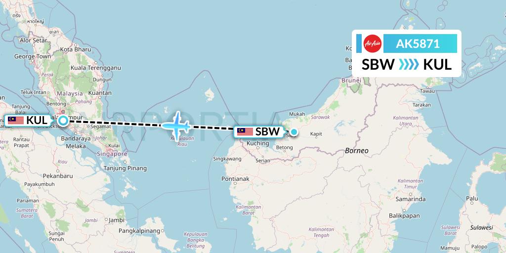 AK5871 AirAsia Flight Map: Sibu to Kuala Lumpur