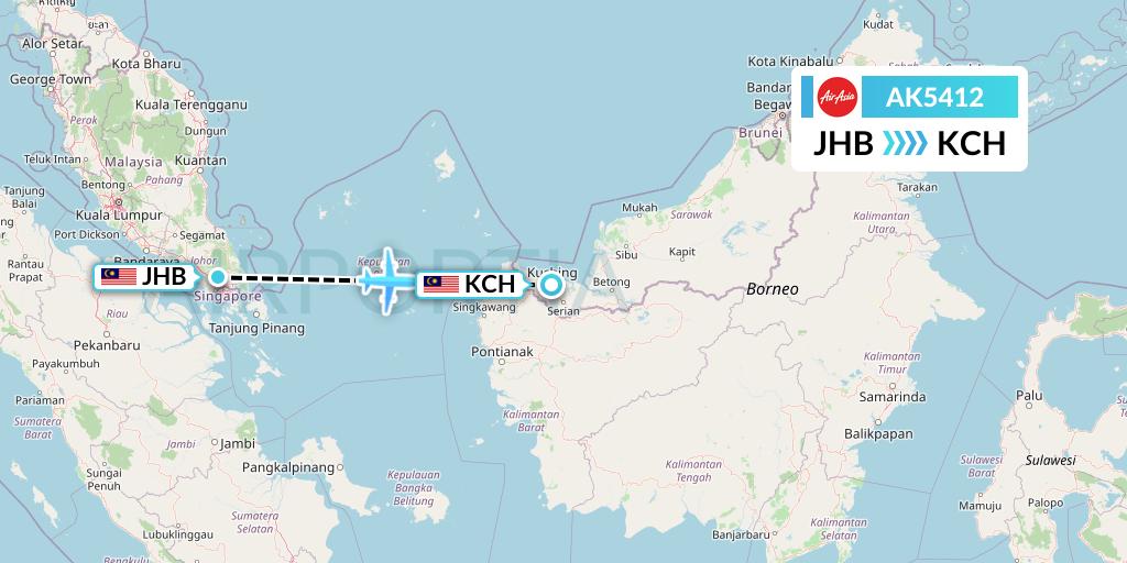 AK5412 AirAsia Flight Map: Johor Bahru to Kuching
