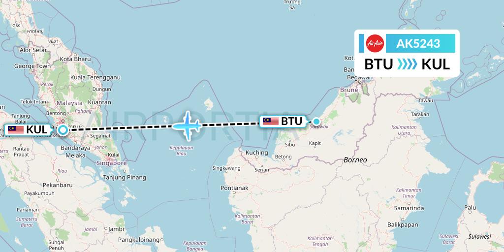 AK5243 AirAsia Flight Map: Bintulu to Kuala Lumpur