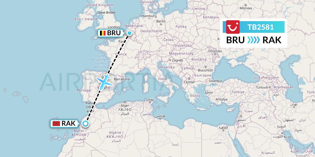 TB2581 TUI fly Belgium Flight Map: Brussels to Marrakesh 