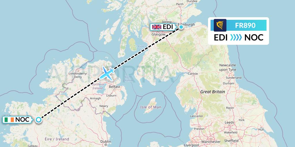 FR890 Ryanair Flight Map: Edinburgh to Knock