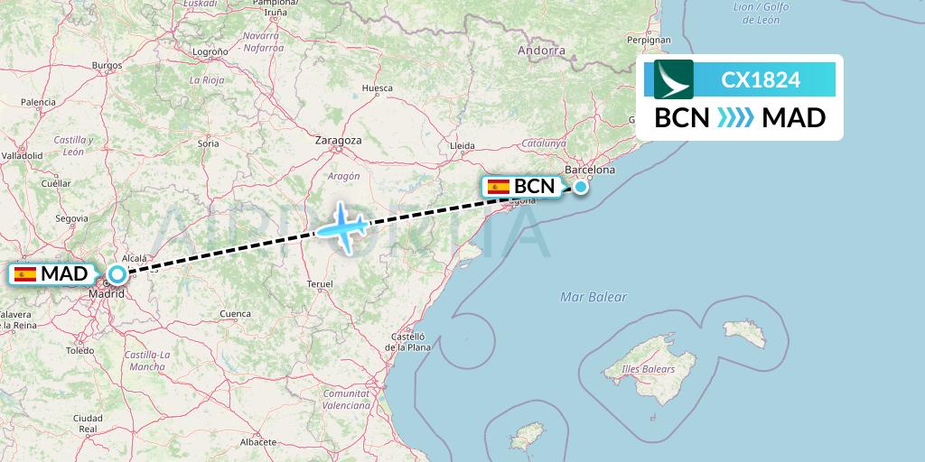 CX1824 Cathay Pacific Flight Map: Barcelona to Madrid
