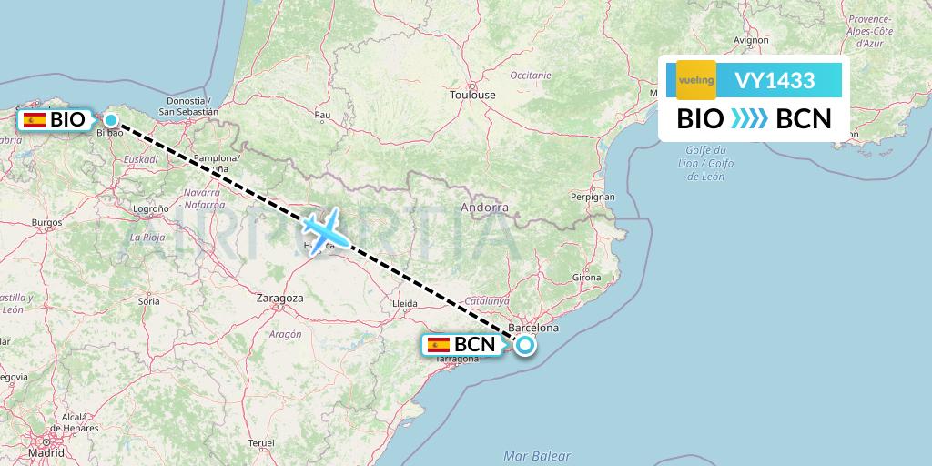 VY1433 Vueling Flight Map: Bilbao to Barcelona