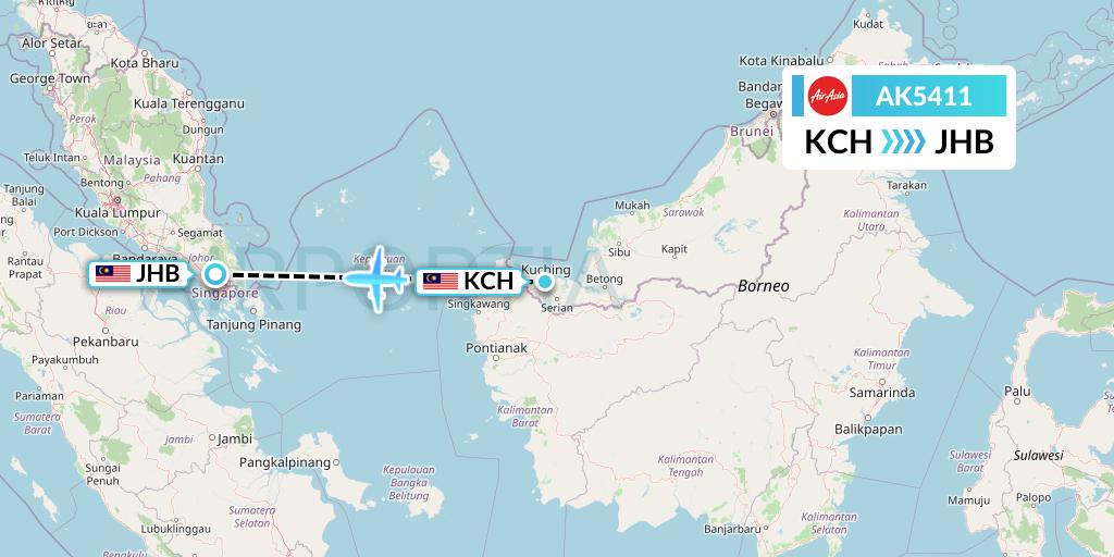 AK5411 AirAsia Flight Map: Kuching to Johor Bahru