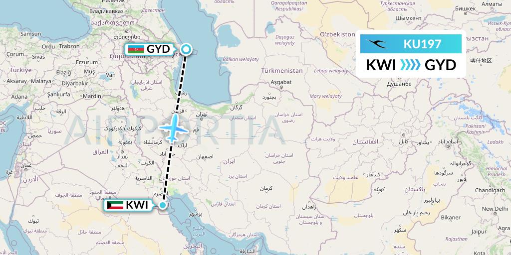 KU197 Kuwait Airways Flight Map: Kuwait City to Baku