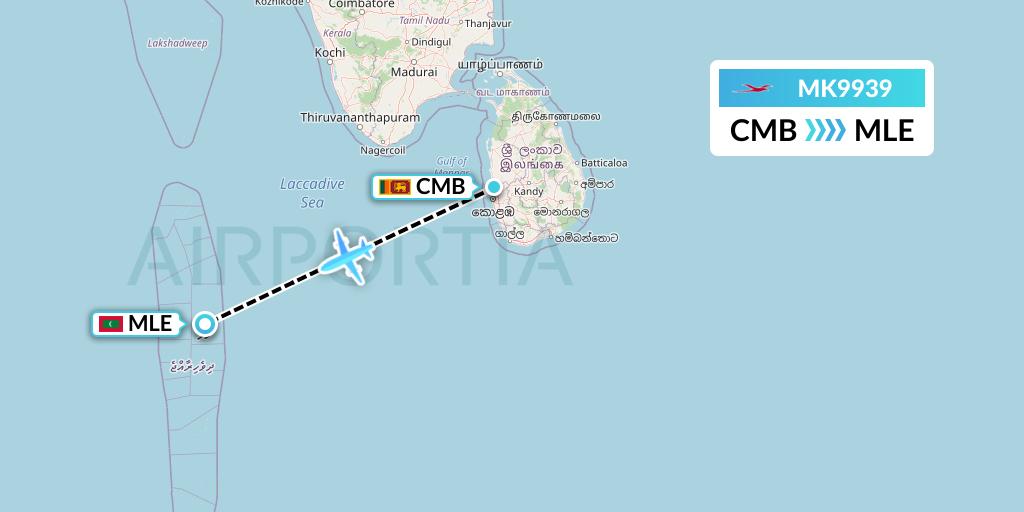 MK9939 Air Mauritius Flight Map: Colombo to Male