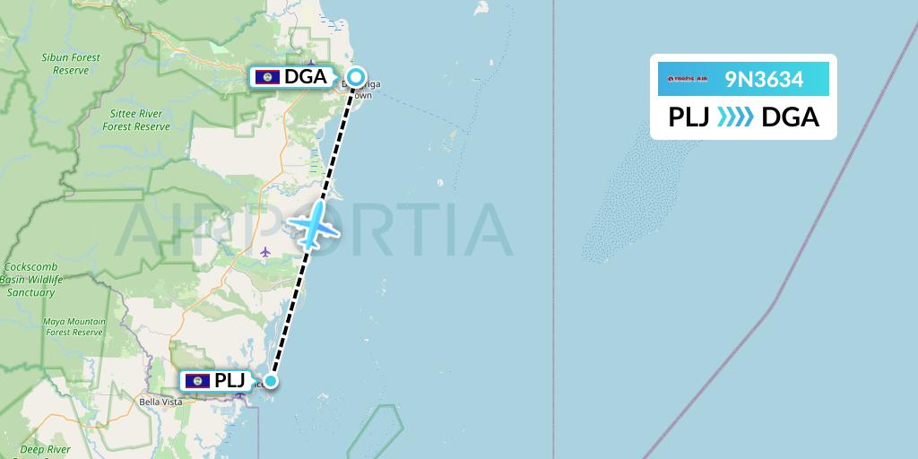 9N3634 Tropic Air Flight Map: Placencia to Dangriga