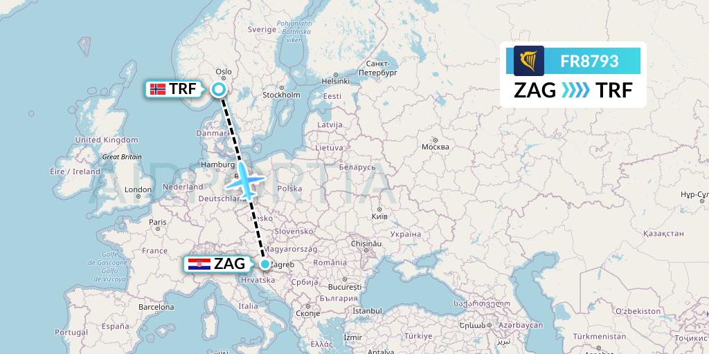 FR8793 Ryanair Flight Map: Zagreb to Oslo