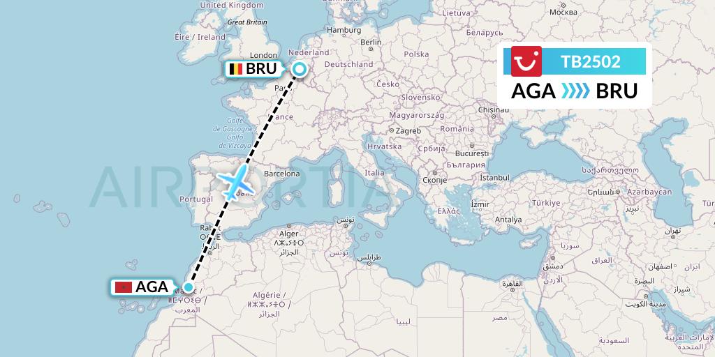 TB2502 TUI fly Belgium Flight Map: Agadir to Brussels