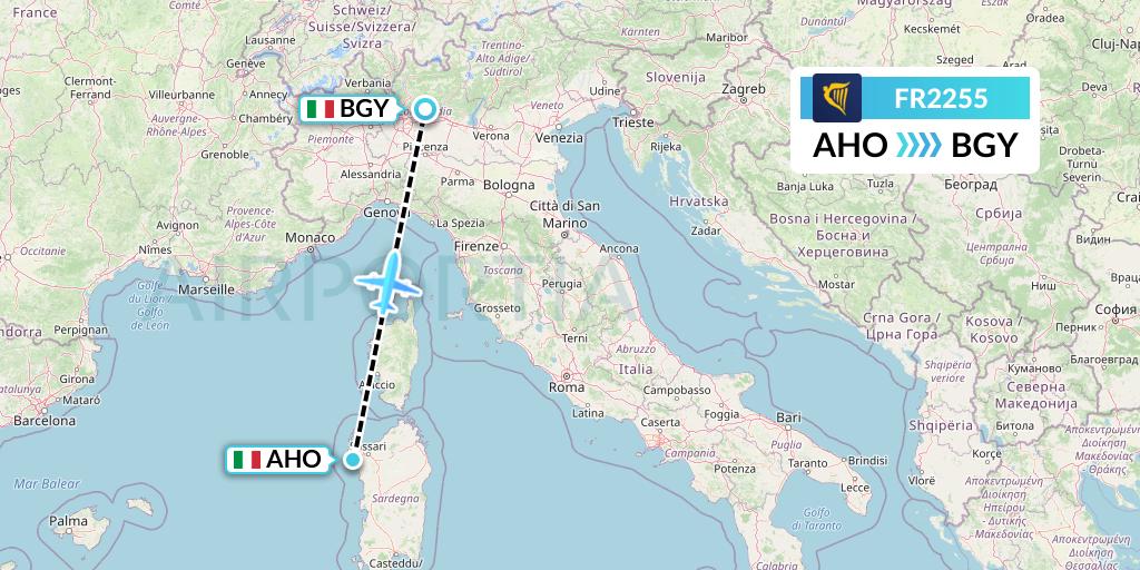 FR2255 Ryanair Flight Map: Alghero to Milan