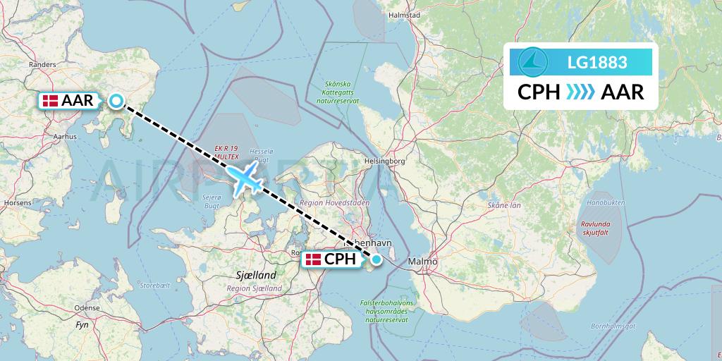 LG1883 Luxair Flight Map: Copenhagen to Aarhus