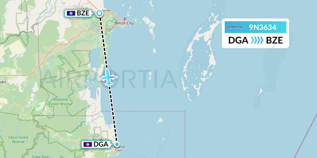 9N3634 Tropic Air Flight Map: Dangriga to Belize City