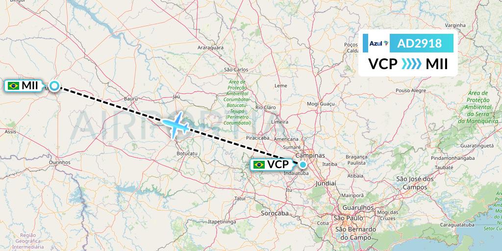 AD2918 Azul Brazilian Airlines Flight Map: Campinas to Marilia